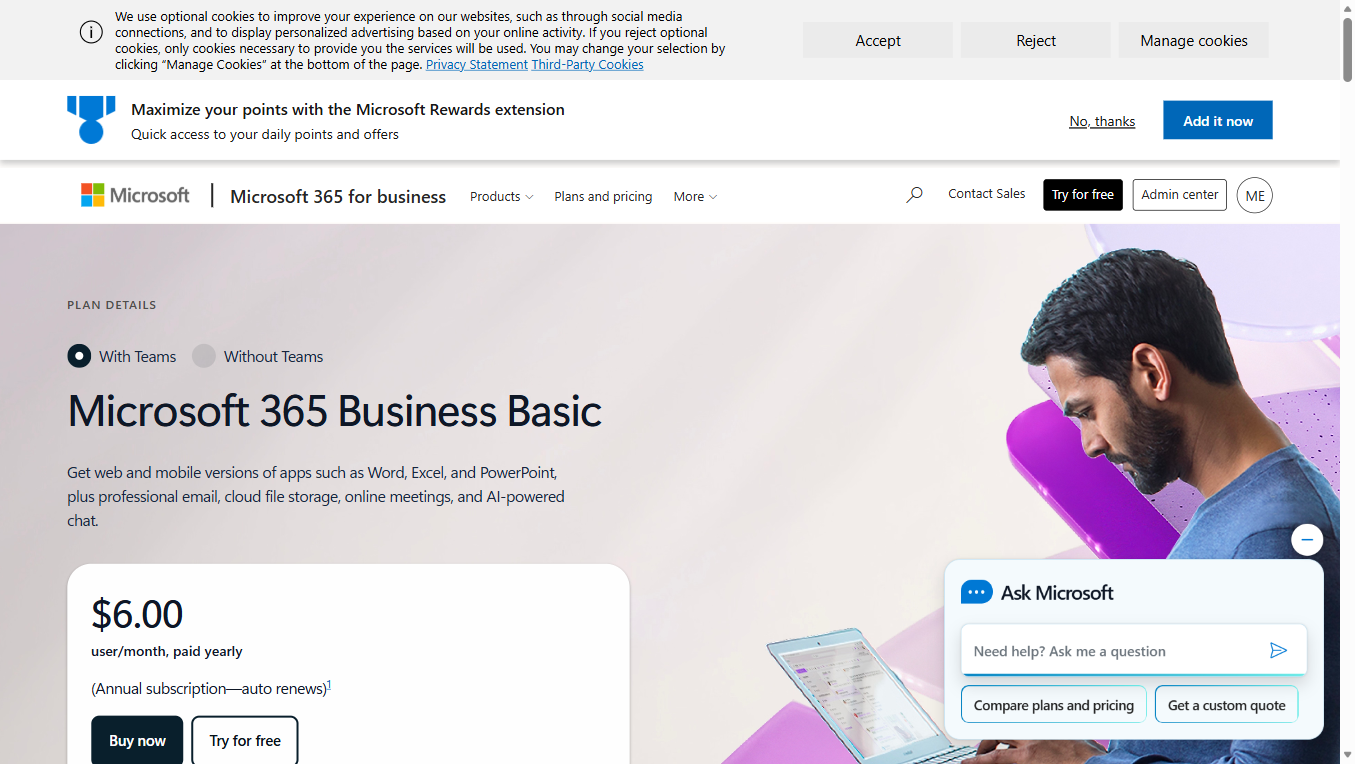Microsoft 365 Business Basic page showing pricing with "Buy now" and "Try for free"