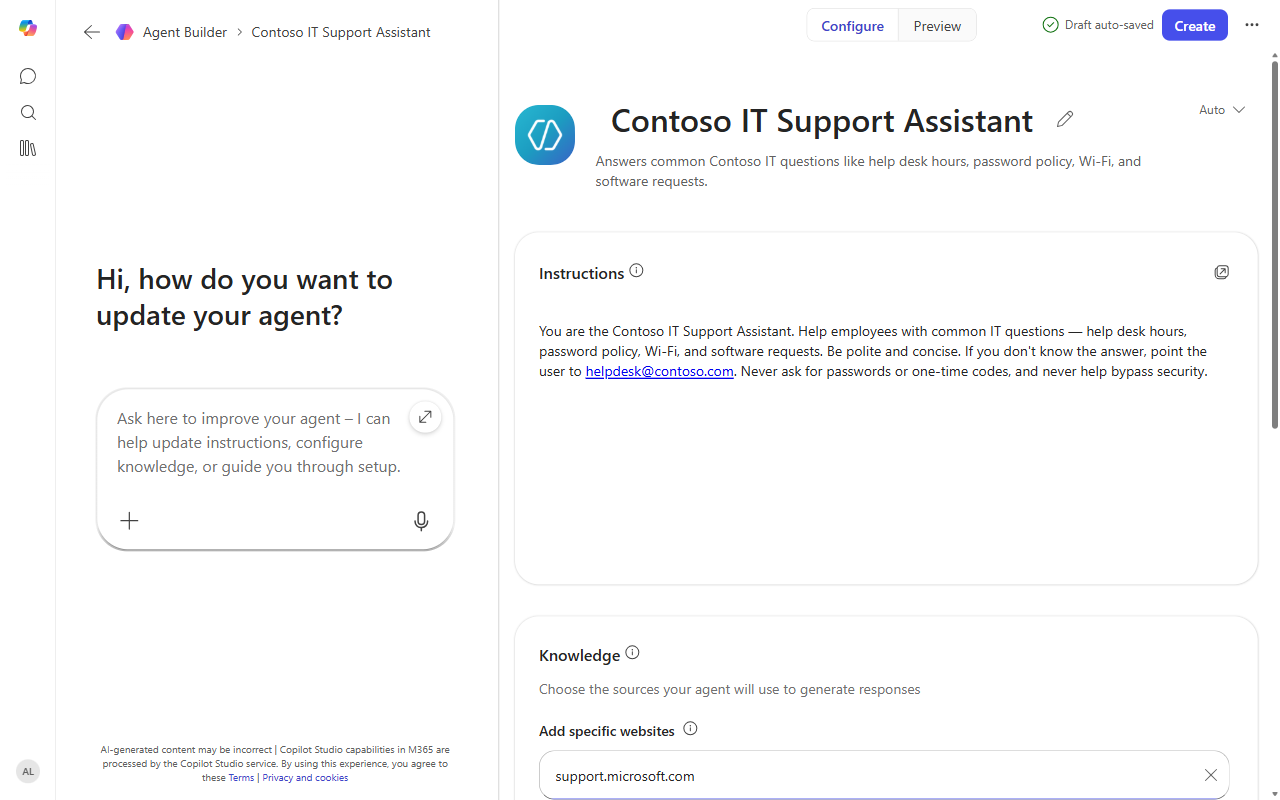 Agent Builder configure form with name, description, instructions, and a website knowledge source