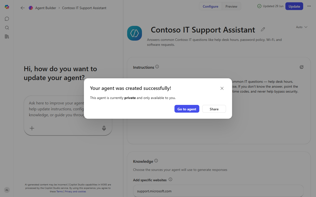 Dialog reading "Your agent was created successfully" with Go to agent and Share buttons