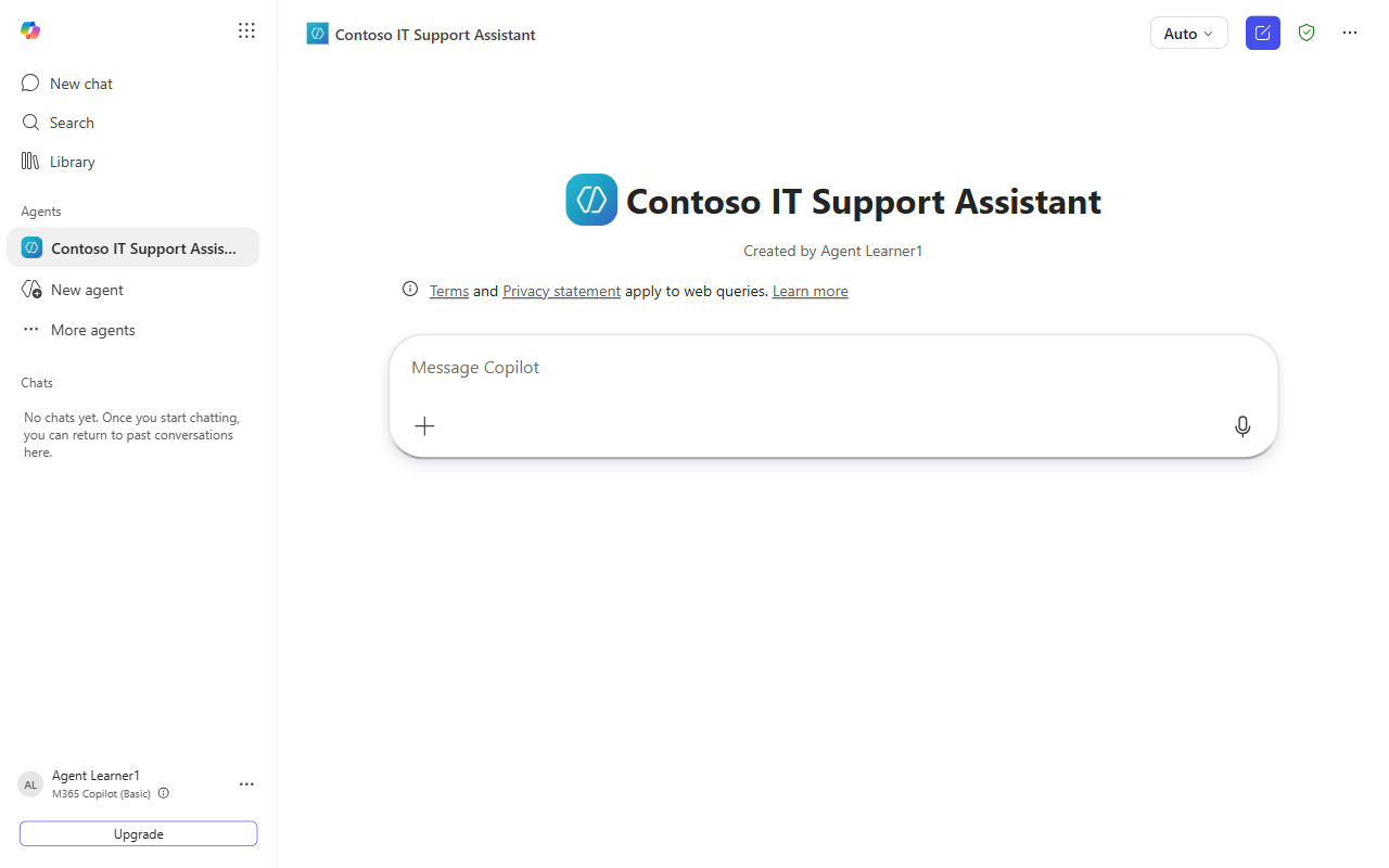 Contoso IT Support Assistant open in Microsoft 365 Copilot, listed under Agents