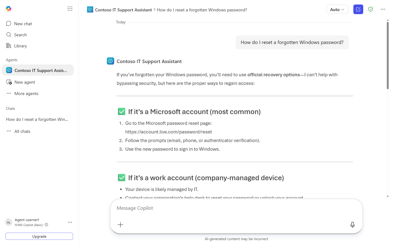 The agent answering the password-reset question with step-by-step guidance in M365 Copilot