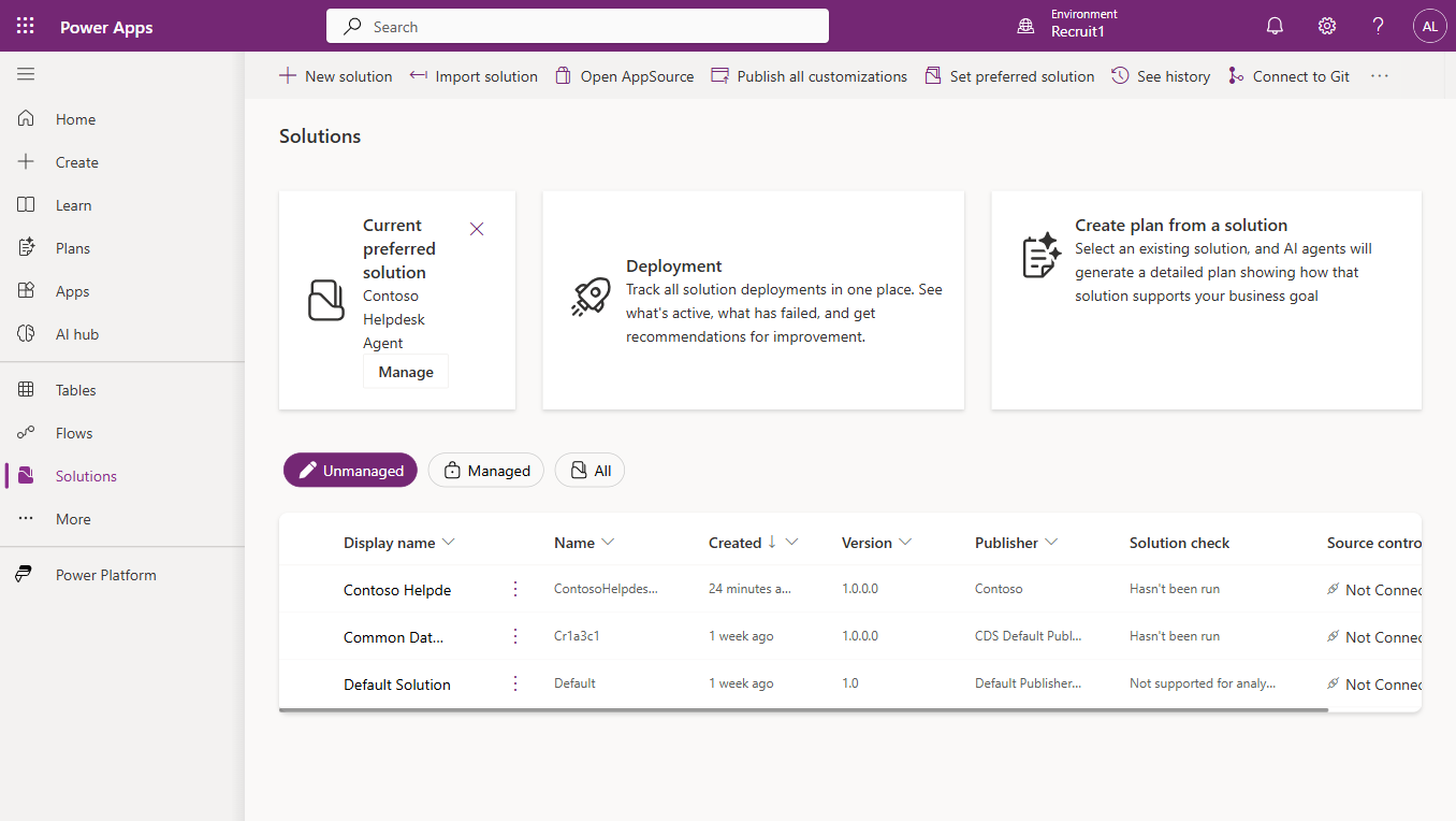 Power Apps Solutions page showing the Contoso Helpdesk Agent solution (publisher Contoso) as the preferred solution