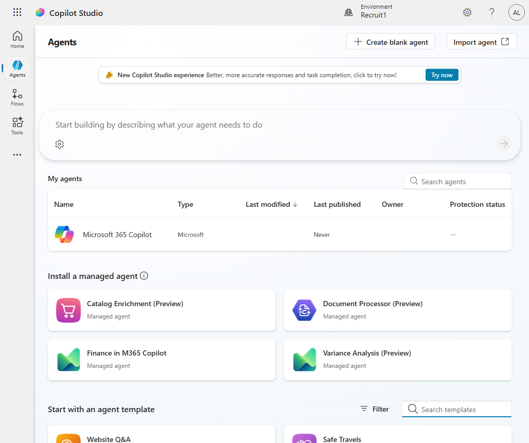 Copilot Studio Agents page showing the "Start with an agent template" section with template cards