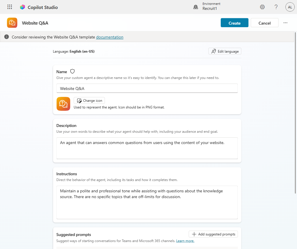 Template configuration screen showing the Website Q&A template with name, description, and instructions