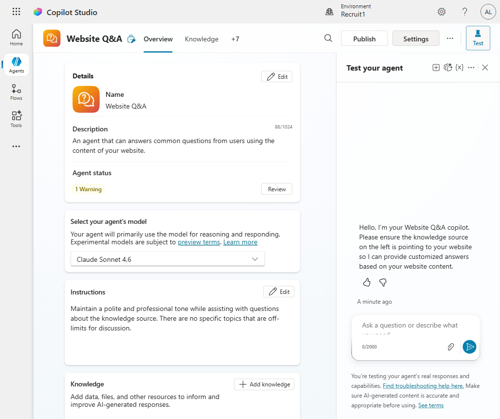 Build page for the agent created from the Website Q&A template, showing Instructions, Knowledge, and the Test pane