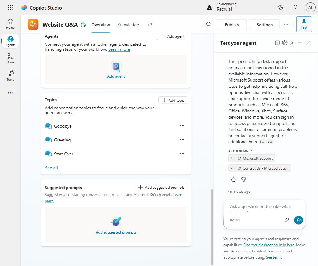 Build page showing Topics and Suggested prompts sections for the template agent