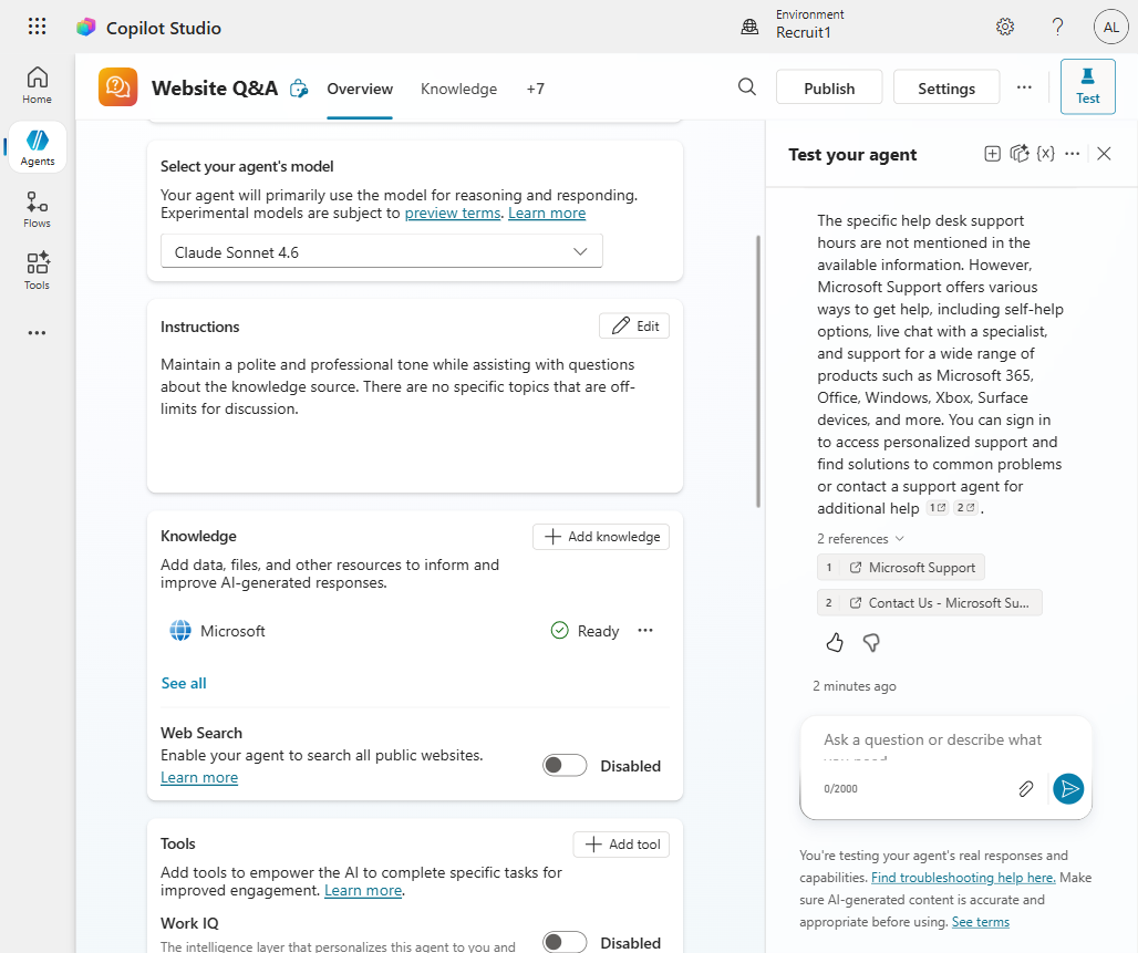 Preview pane showing a response to "What are the help desk hours?" with numbered source citations