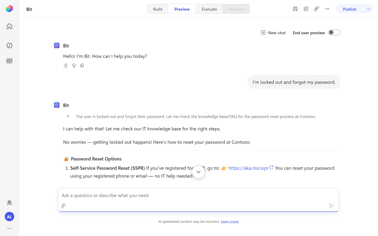Preview pane showing Bit reasoning about the request, then answering with password-reset steps