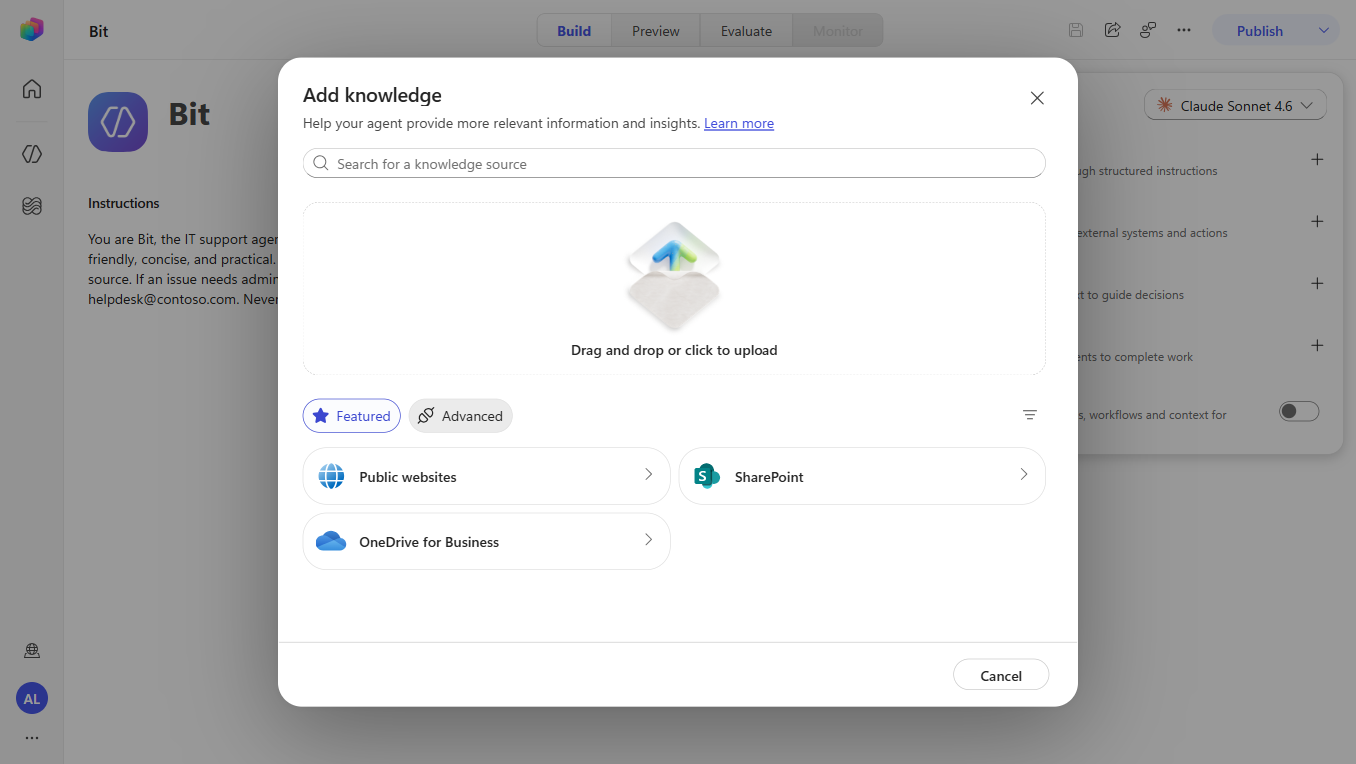 Add knowledge dialog showing file upload, Public websites, SharePoint, and OneDrive options