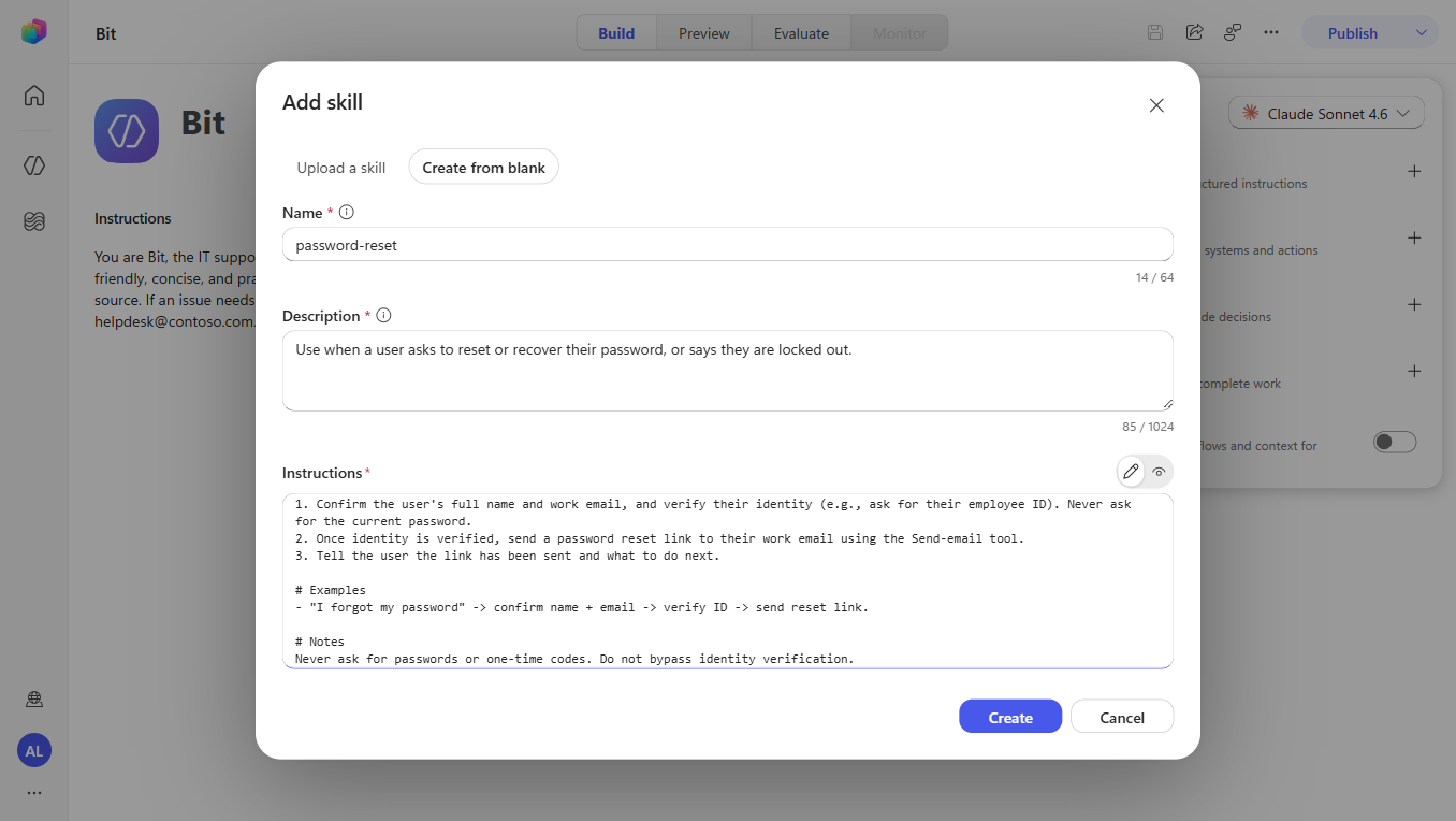 Create from blank skill form showing Name (password-reset), Description, and markdown Instructions