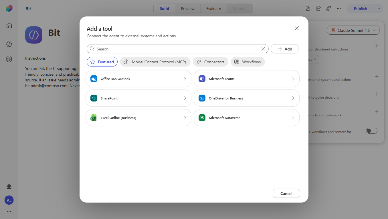 Add a tool dialog with Featured/MCP/Connectors/Workflows tabs, showing Office 365 Outlook and SharePoint connectors