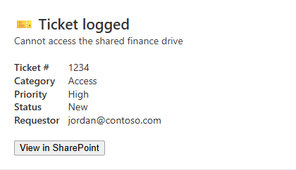 Example Adaptive Card showing a ticket confirmation with fields and a "View in SharePoint" button