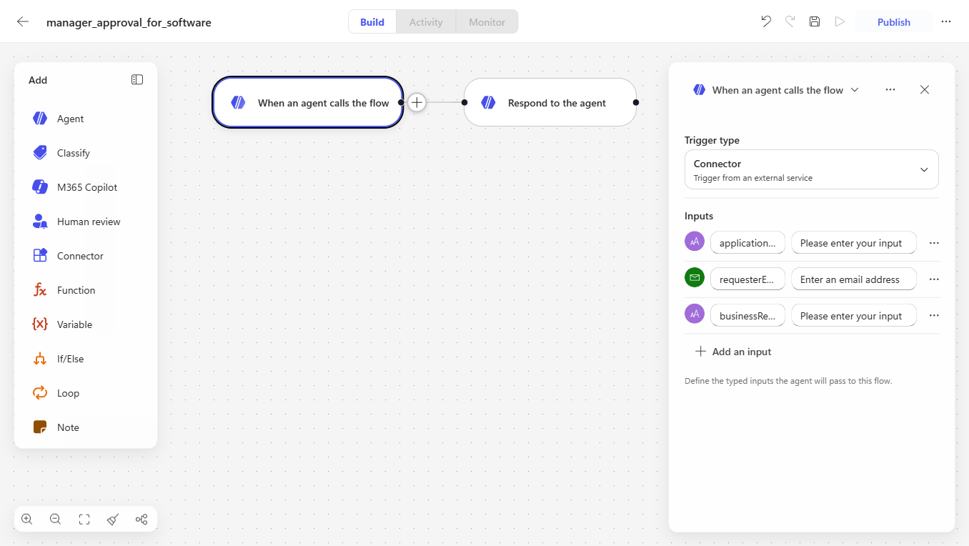 Workflow designer — the workflow named manager_approval_for_software, the "When an agent calls the flow" trigger (Trigger type: Connector) wired to "Respond to the agent", the applicationName / requesterEmail / businessReason inputs panel, and the Add palette (Agent, Classify, M365 Copilot, Human review, Connector, Function, Variable, If/Else, Loop, Note)