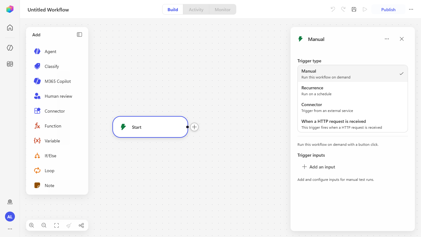 Workflow trigger type picker — Manual (on demand), Recurrence (schedule), Connector (external service), and HTTP request