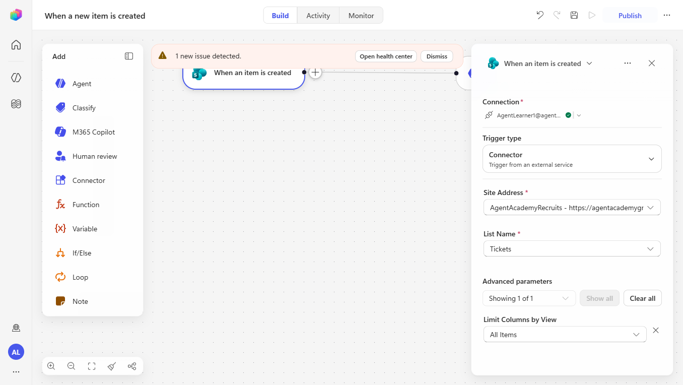 The "When an item is created" SharePoint trigger configured — Connection set (green check), Trigger type Connector, Site Address = the recruits site, List Name = Tickets