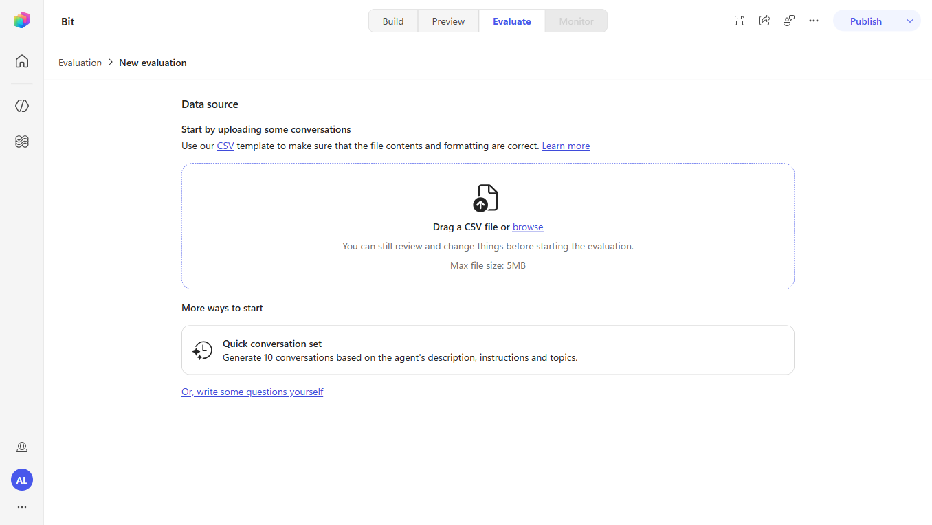 Evaluate area showing CSV upload and the "Quick conversation set" option to generate 10 conversations
