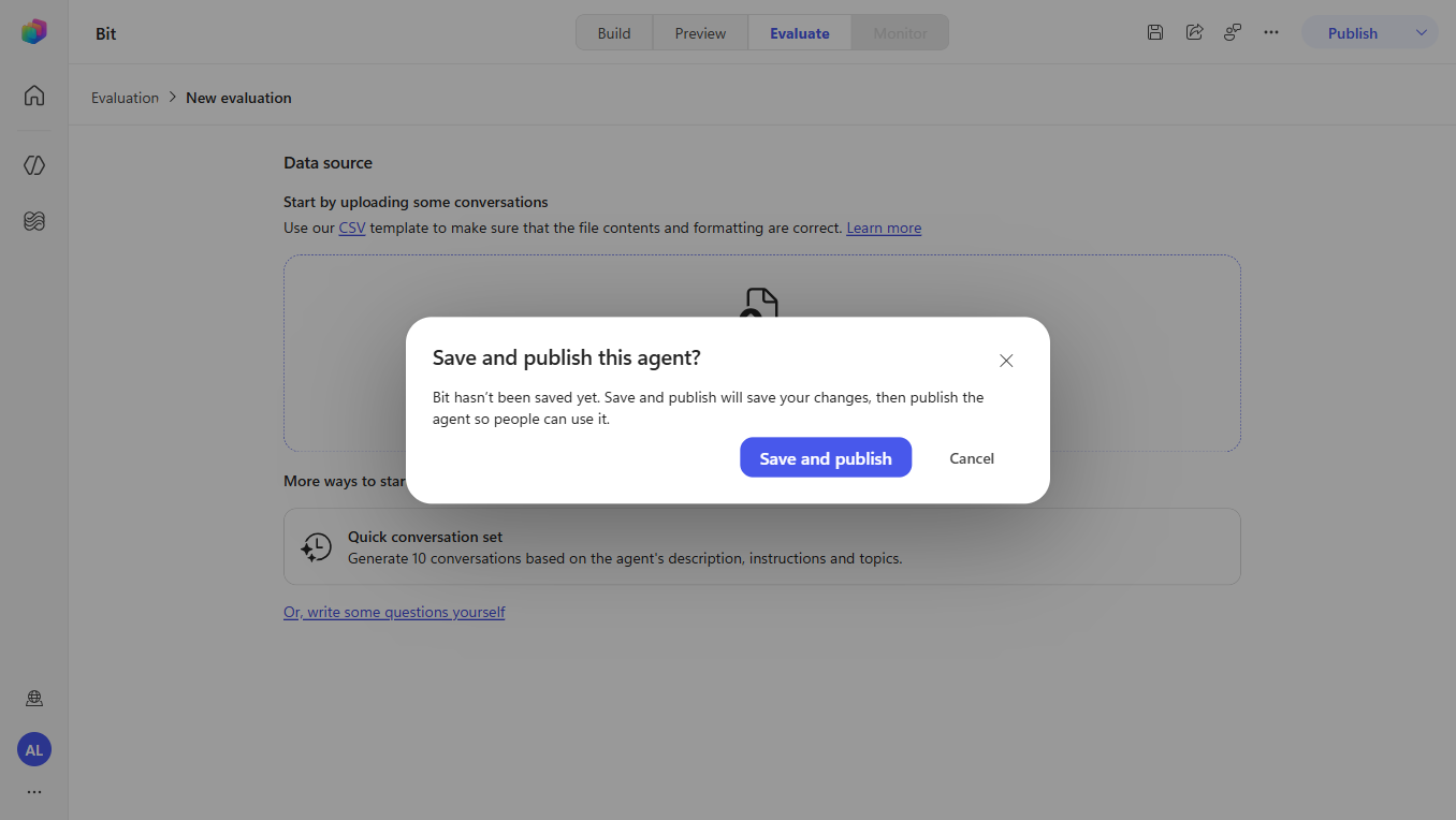 Save and publish confirmation dialog for the agent