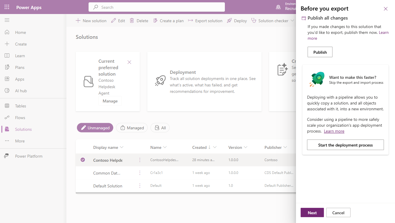 Export solution "Before you export" panel with Publish all changes and Next/Cancel